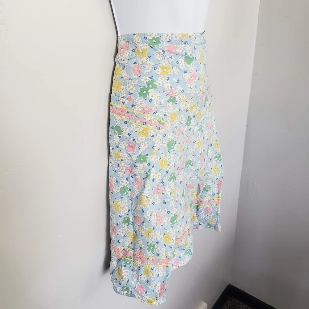 Vintage Handmade Skirt Waist Apron Floral Print Ric-Rac Pink Blue Yellow Green